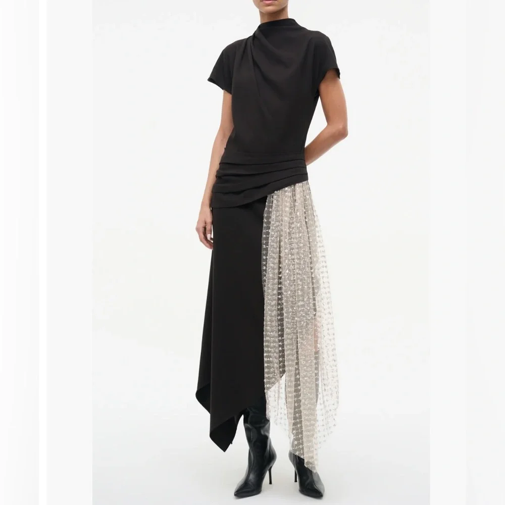 Staud Effie Drape Mock Neck Asymmetric Maxi Sheer Panel Black Stardust - Picture 3 of 14